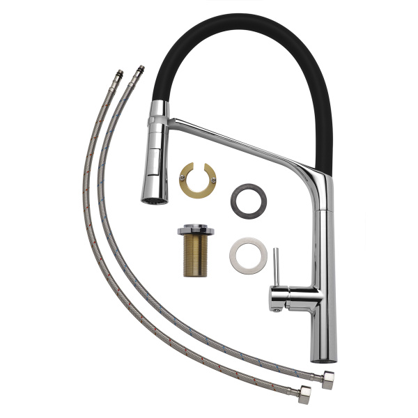 Смеситель для кухни/мойки AQUEDUC однорычажный, поворотный/гибкий, керамический, длина излива 225 мм, высота 210 мм, латунь, цвет хром/черный 345390