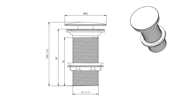 Донный клапан Aquatek AQ6000MB без перелива, цвет матовый черный, click/clack, 66х110 мм нержавеющая сталь, для раковины/умывальника
