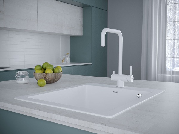 Смеситель для кухни/мойки Paulmark Wetter, с подключением к фильтру/биканальный, однорычажный, поворотный, керамический картридж, высокий, длина излива 220 мм, нержавеющая сталь, цвет белый матовый