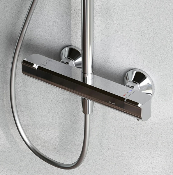Душевая система AM.PM Func, высота 1460 мм, цвет хром, комплект: термостатический смеситель/тропический душ (с верхней лейкой)/стойка/лейка/шланг, наружного монтажа