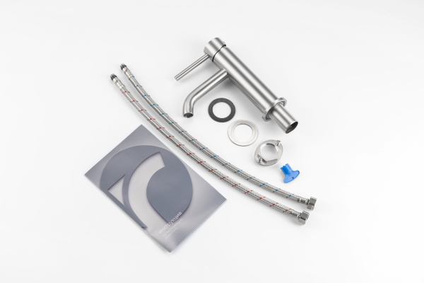 Смеситель для раковины/умывальника Knotlor Eclipse, однорычажный, неповоротный, керамический, длина излива 124 мм, нержавеющая сталь, цвет сталь матовая