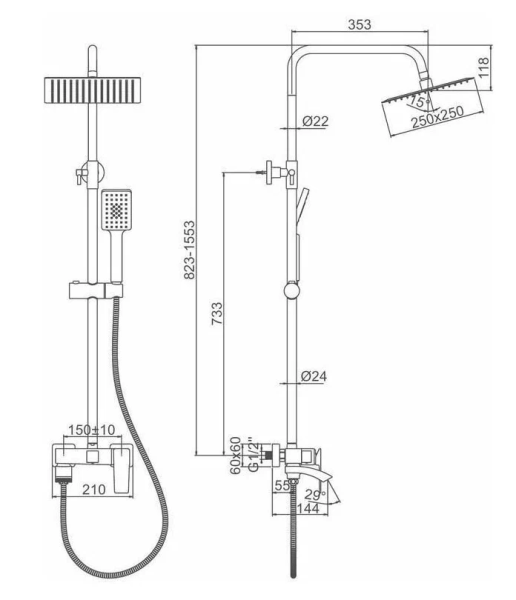 Душевая система настенная LEDEME, 823/1553 мм, цвет графит, комплект: однорычажный смеситель/излив/тропический душ (с верхней лейкой)/лейка/стойка/шланг, латунь