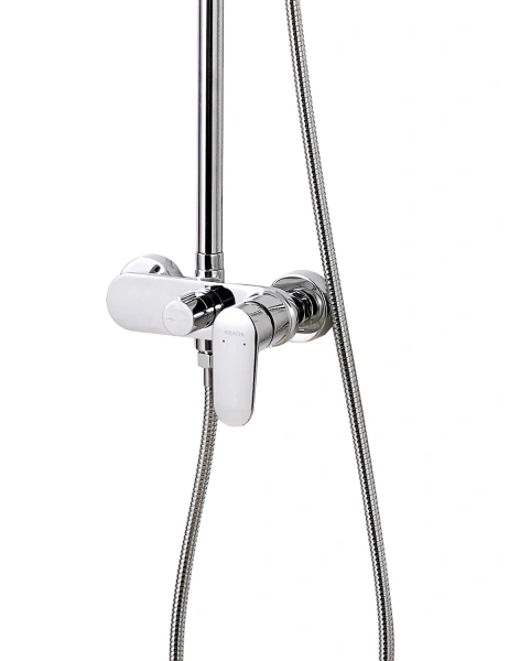 Душевая система Aquatek Ника со смесителем, высота 1200-1550 мм цвет хром, комплект: однорычажный смеситель/тропический душ (с верхней лейкой)/лейка/стойка/шланг, латунь/ABS-пластик