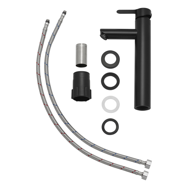 Смеситель для раковины/умывальника AQUEDUC однорычажный, высокий, неповоротный, керамический, длина излива 125 мм, высота 220 мм нержавеющая сталь, цвет черный матовый 345325