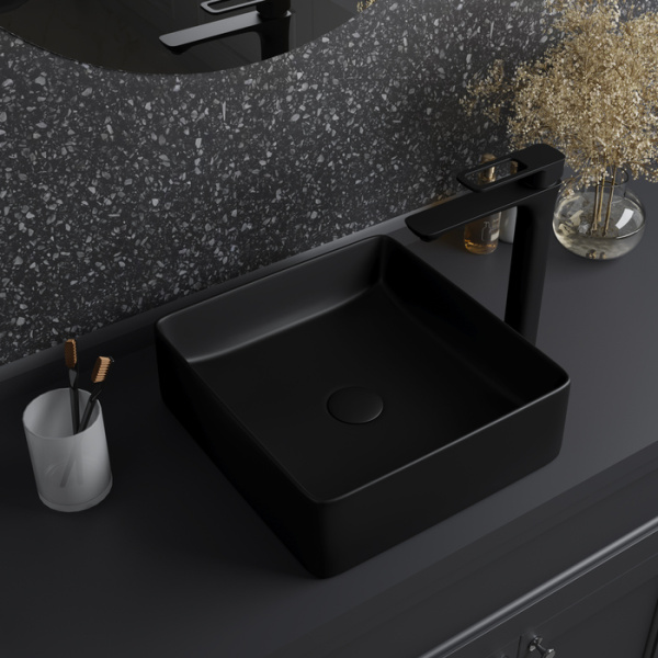 Раковина IDDIS Slide 36х36х11 см, накладная, квадратная, керамическая/фарфоровая, цвет черный матовый, без отверстия под смеситель, без слив-перелива