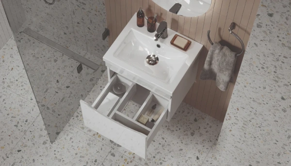 Тумба под раковину Velvex Vizo 500-0-1, 460х383х409 мм подвесная, цвет белый глянец, 1 выдвижной ящик, подходит раковина Como 50, универсальная, в ванную комнату