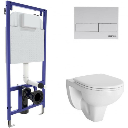 Комплект унитаза с инсталляцией Berges Novum 525 (унитаз подвесной, овальный Gamma (горизонтальный/в стену выпуск), кнопка двойная L4 (белая), сиденье Gamma, микролифт, быстросъёмное)