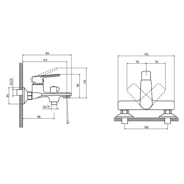 Смеситель для ванны Osgard Platt, однорычажный, настенный, неповоротный, латунный, короткий излив, длина излива 189 мм, керамический, цвет хром