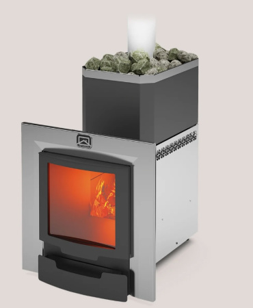 Печь Русь-12 ЛНЗП Профи Панорама (1.1) ТЕПЛОДАР 12м³ (двери 16" с обрамлением), напольная, пристенная, цвет красный, с открытой каменкой, с выносной топкой из предбанника, вертикальная, финская, масса камней 50 кг, на дровах