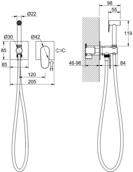 Смеситель с гигиеническим душем Aquatek Оберон встраиваемый, однорычажный, керамический, без излива, с гибким шлангом/лейкой, латунь, цвет матовый черный
