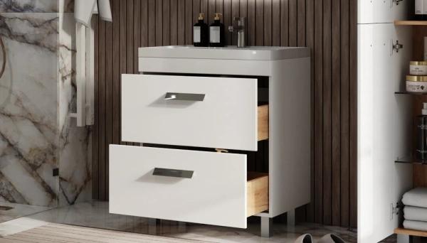 Тумба под раковину Velvex Orlando 600-0-2, 595х445х799 мм напольная, цвет белый матовый, 2 выдвижных ящика, подходит раковина Madera Classica rkCla.60-81, универсальная, в ванную комнату