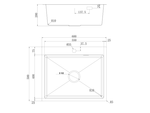 Мойка Ukinox Практика, 60х50 см, врезная, прямоугольная, цвет брашированная сталь, с отверстием под смеситель, перелив, без крыла, с выпуском