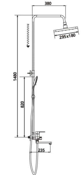 Душевая система SHEVANIK, высота 1480 мм, цвет черный матовый, комплект: однорычажный смеситель с изливом/тропический душ (с верхней лейкой)/стойка/лейка/шланг, наружного монтажа