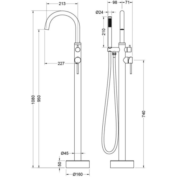 Смеситель для ванны/душа Aquatek Европа напольный, однорычажный, поворотный, длина 227 мм, керамический, латунь, цвет оружейная сталь
