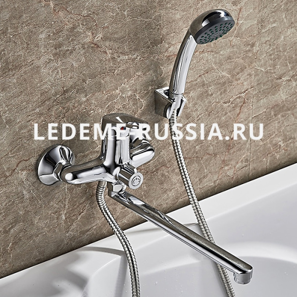 Смеситель для ванны/душа Ledeme H13 однорычажный, керамический, настенный, излив поворотный 273 мм, с гибким шлангом, душем/лейкой, латунь, цвет хром L2213