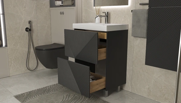 Тумба под раковину Velvex Edge 600-0-2, 596х393х796 мм напольная, цвет графит, 2 выдвижных ящика, подходит раковина 9696-60, универсальная, в ванную комнату