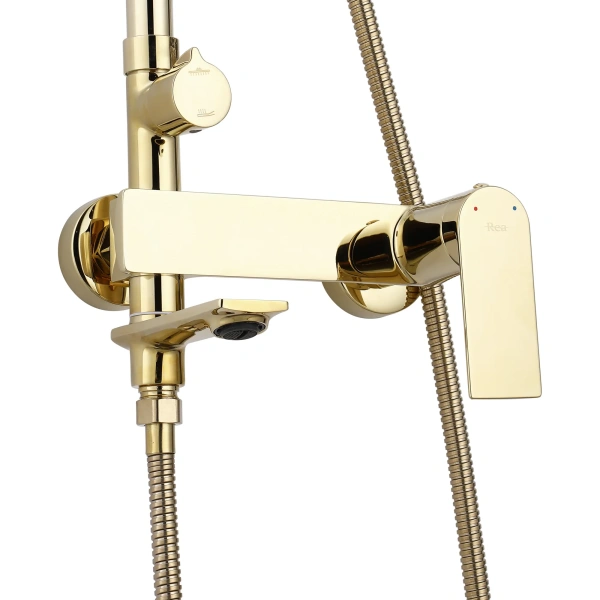 Душевая система Rea Storm, настенная, высота: 1360 мм, цвет золото, комплект: однорычажный смеситель/излив/тропический душ (с верхней лейкой)/лейка/держатель лейки/штанга/шланг, латунь