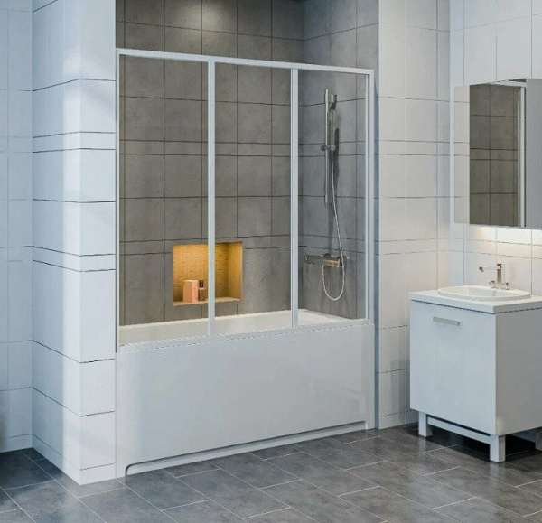 Шторка для ванны BAS Стайл, Мальдива (3 ств. стекло) 160х145 см, стекло прозрачное, профиль белый, трехстворчатая, раздвижная , плоская/ панель