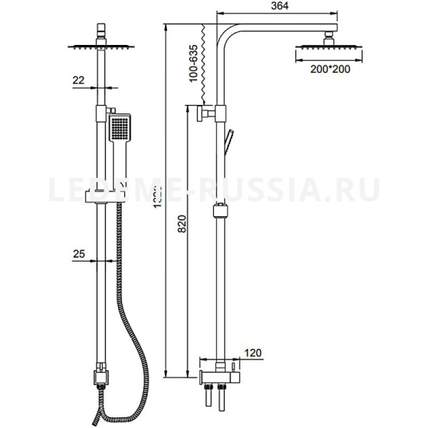 Душевой гарнитур настенный LEDEME, 820/1320 мм, цвет хром, комплект: тропический душ (с верхней лейкой)/лейка/стойка/шланг, латунь
