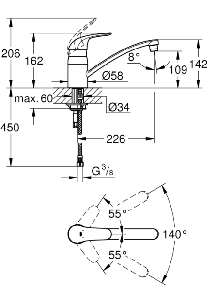 Смеситель для кухни/мойки Grohe Euroeco однорычажный, керамический, с поворотным изливом латунь, цвет хром длина излива 226 мм 32750000