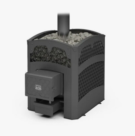 Печь Былина-Сетка 18 Ч (1.1) ТЕПЛОДАР 18м³, напольная, пристенная, с открытой каменкой, с выносной топкой из предбанника, вертикальная, финская, масса камней 110 кг, на дровах/брикетах