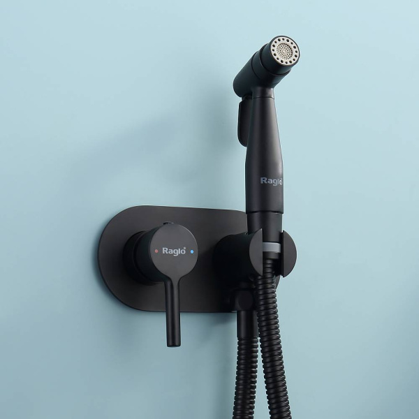 Смеситель с гигиеническим душем Raglo R20.52.06 встраиваемый, однорычажный, керамический, без излива, с гибким шлангом/лейкой, латунь, цвет черный