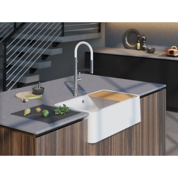Мойка кухонная Omoikiri Tarento 83-WH, 43,8х83,8 см, врезная/с фронтальной стенкой, из искусственного гранита (Tetogranit), прямоугольная, цвет белый, без отверстия под смеситель, без крыла, слив-перелив, врезная в столещницу, для кухни