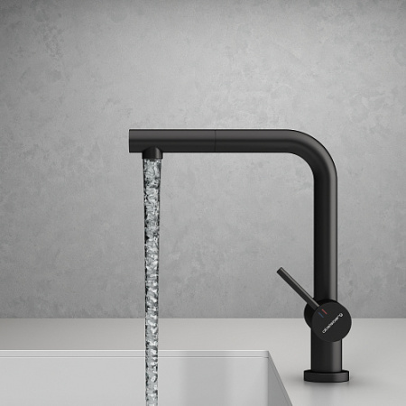 Смеситель для кухни/мойки Abelsberg Pura с каналом для фильтрованной воды, однорычажный, поворотный/вытяжной, керамический, излив 185 мм, высота излива 262 мм латунь, цвет вулканический черный