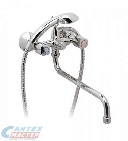 Смеситель для ванны/душа Vidima Искар двухвентильный, керамический, настенный, излив поворотный 320 мм, с гибким шлангом, душем/лейкой, латунь хром, длинный, универсальный, горизонтальный, вентильный, кран, комплект, сантехника, размер