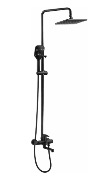 Душевая система SHEVANIK, высота 1480 мм, цвет черный матовый, комплект: однорычажный смеситель с изливом/тропический душ (с верхней лейкой)/стойка/лейка/шланг, наружного монтажа