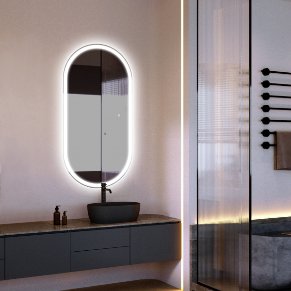 Зеркало Abber Kontur 60х120 см, с LED/ЛЕД-подсветкой, цвет рамы: белый, овальное, сенсорный выключатель, диммер, монтаж горизонтальный/вертикальный, для ванны, навесное/подвесное/настенное