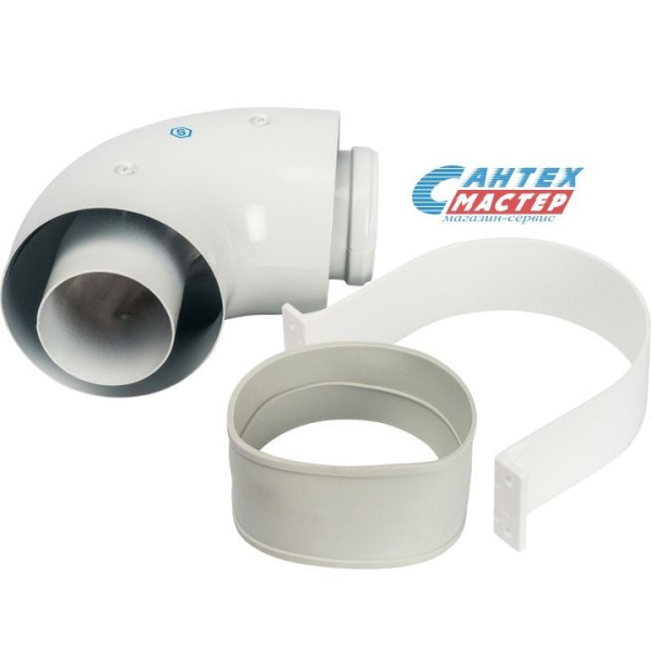 Отвод STOUT Ø60/100 90° град наруж п/м с уплотнением и хомутом, для воздухоподводящей трубы газового котла, элемент коаксиального дымохода (Стоут)