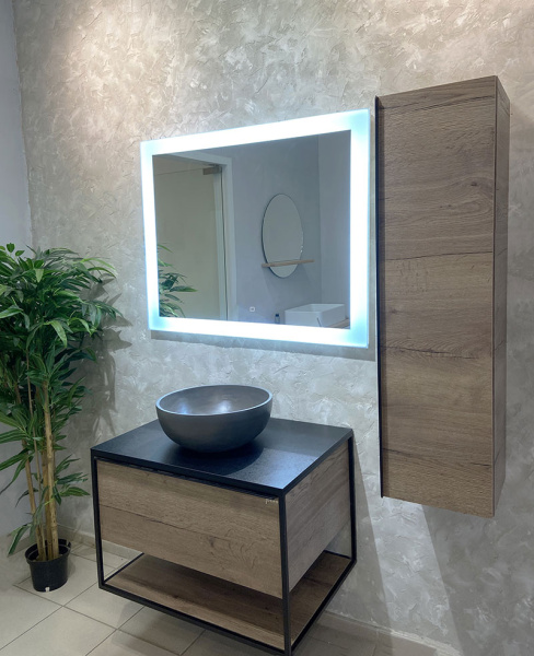 Зеркало Azario Норма, 100х80 см, с LED/ЛЕД-подсветкой, с диммером, часы, прямоугольное, выключатель сенсорный, для ванны, навесное/подвесное/настенное