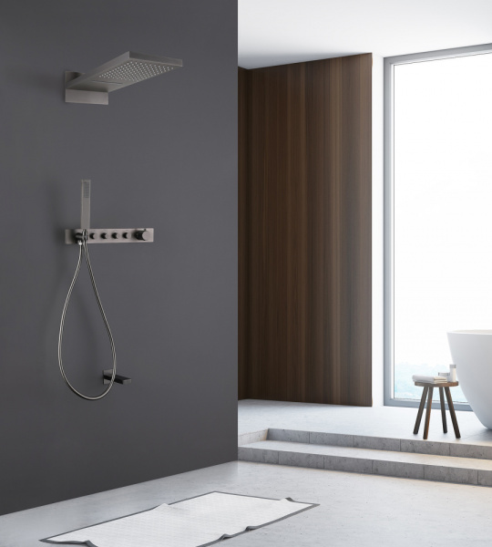 Душевая система ABBER Rund встраиваемая, цвет никель, комплект: термостатический смеситель/излив/тропический душ (с верхней лейкой)/лейка/шланг, внутренний (скрытый) монтаж AF8753NG