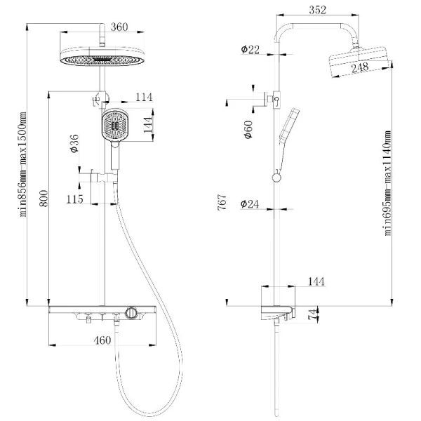 Душевая система Esko ST350 высота 1500 мм цвет хром, комплект: однорычажный смеситель/тропический душ (с верхней лейкой)/лейка/стойка/шланг/полка, нержавеющая сталь/пластик