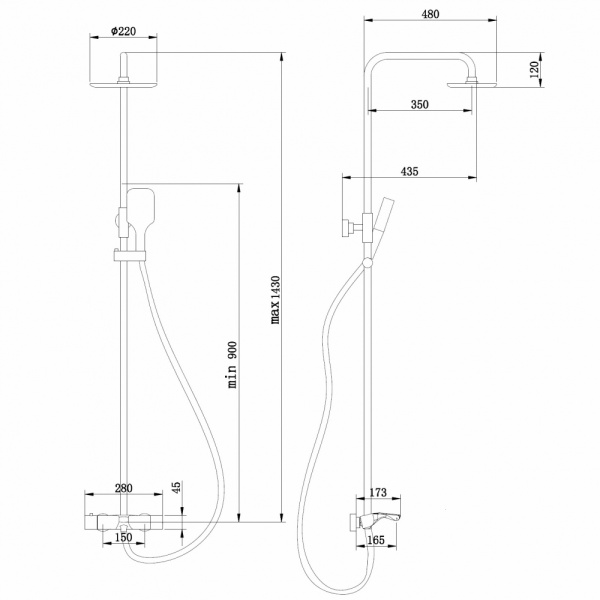 Душевая система ABBER Thermostat наружного монтажа, высота 900-1430 мм, цвет сатин, комплект: смеситель термостатический/излив/тропический душ (с верхней лейкой)/стойка/лейка/шланг, латунь AF8516SPL