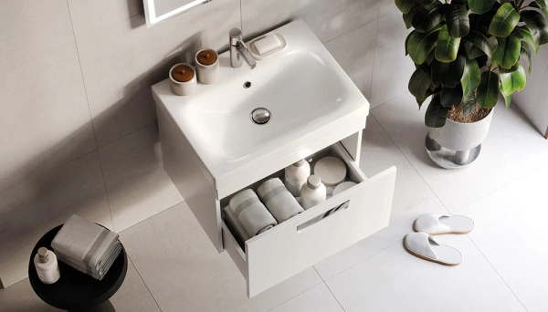 Тумба под раковину Velvex Estea 600-0-1, 593х450х450 мм подвесная, цвет белый матовый, 1 выдвижной ящик, подходит раковина Moduo 60 см, универсальная, в ванную комнату