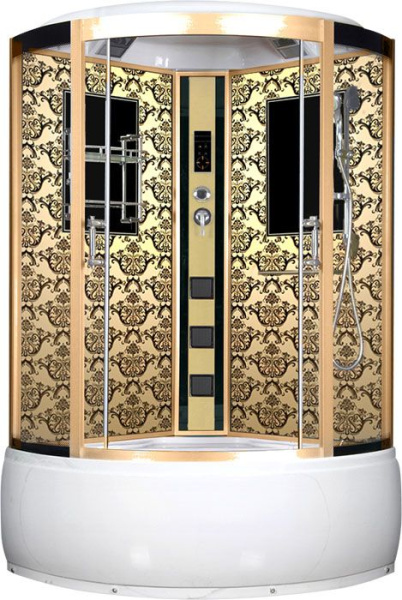 Душевая кабина 120х120х220 см Niagara Lux поддон низкий, полукруглая, угловая, стекло прозрачное, заднее с узором, с гидромассажем, с сиденьем, сенсорная, профиль золото