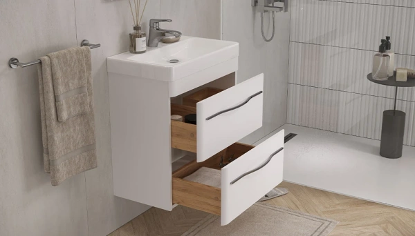 Тумба под раковину Velvex Jill 600-0-2, 590х343х600 мм подвесная, цвет белый матовый, 2 выдвижных ящика, подходит раковина 9595-60, универсальная, в ванную комнату