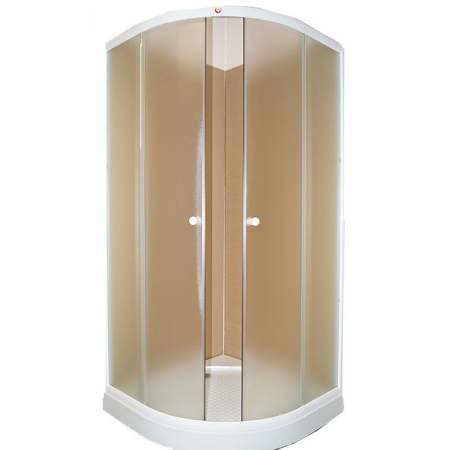 Душевой уголок Parly 90х90х195 см, с низким поддоном, полукруглый, (с сифоном) без крыши, раздвижной, акриловый, матовое стекло, стеклянный, пластиковый, белый профиль, без антискольжения, комплект, угловой, четверть круга, для душа, ванной, квартиры