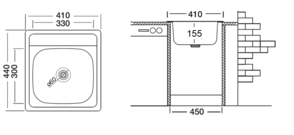 Мойка Ukinox Классика, 41х44 см, врезная, стальная, прямоугольная, цвет нержавеющая сталь, с отверстием под смеситель, слив-перелив, без крыла, для кухни
