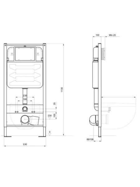 Инсталляция Aquatek Pneumo S50 без кнопки, система для подвесного унитаза, со скрытым смывным бачком (бак), комплект, размеры рамы (каркас) 530х100х1130 мм, звукоизоляционная прокладка, пневматическая
