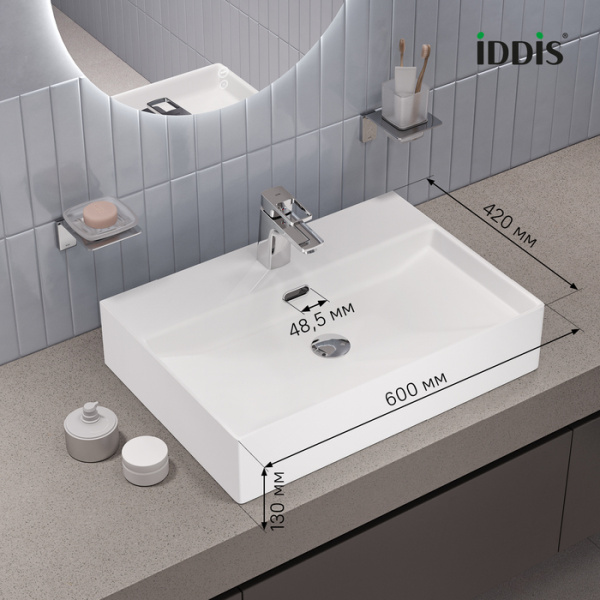 Раковина IDDIS Bild 60х42х13 см, накладная/подвесная, прямоугольная, сантехнический фарфор, цвет белый глянцевый, отверстие под смеситель, слив-перелив, умывальник BILWS60i27