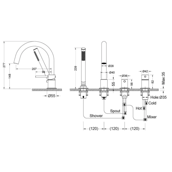 Смеситель для ванны/душа Aquatek Европа на борт ванны, однорычажный, неповоротный, длина излива 207 мм, латунь, цвет оружейная сталь
