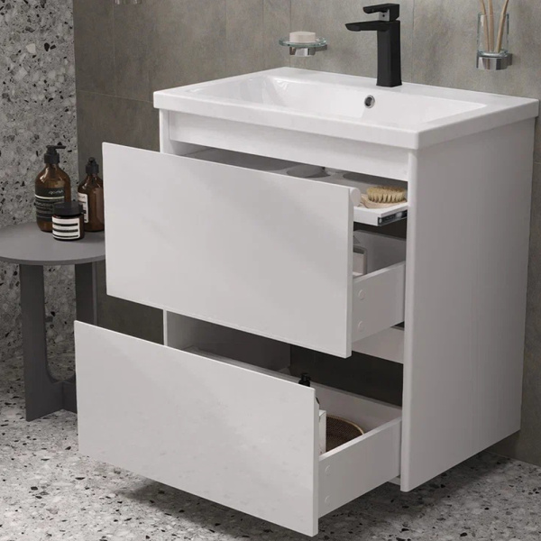 Тумба под раковину Velvex Klaufs 700-0-2, 684х443х722 мм подвесная, цвет белый глянец, 2 выдвижных ящика/выдвижной органайзер, подходит раковина Como 70, универсальная, в ванную комнату