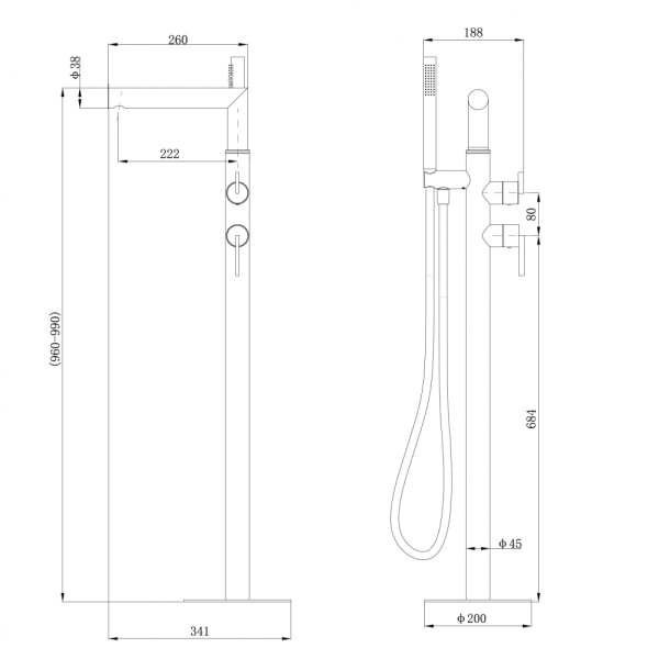 Смеситель для ванны/душа ABBER Perfekte 316 AF8A15BST напольный, однорычажный, отдельностоящий, поворотный, длина излива 222 мм, нержавеющая сталь, цвет сталь брашированная