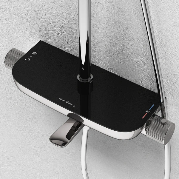 Душевая система Abelsberg Lineara с термостатом, высота 900−1300 мм цвет глянцевый хром, комплект: смеситель/полка для душа/излив/тропический душ округлый (с верхней лейкой)/лейка/стойка/шланг, латунь/ABS-пластик