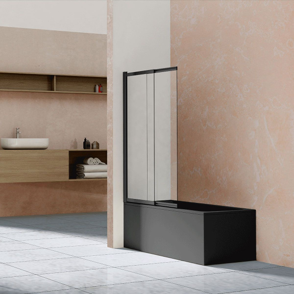 Шторка для ванны Vincea 100х145 см, стекло прозрачное, профиль черный, две секции, раздвижная дверь, плоская/ панель