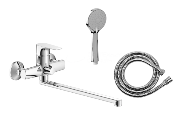 Смеситель для ванны/душа Olives Sierra однорычажный, керамический, настенный, излив поворотный 350 мм, с гибким шлангом, душем/лейкой, латунь, цвет хром, 14221SR