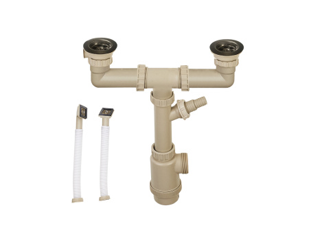 Сифон Ukinox 1 1/2"*40 бутылочный, для двойной мойки, для двойной мойки, с отводом и с 2-мя прямоугольными переливоми, бежевый, для мойки